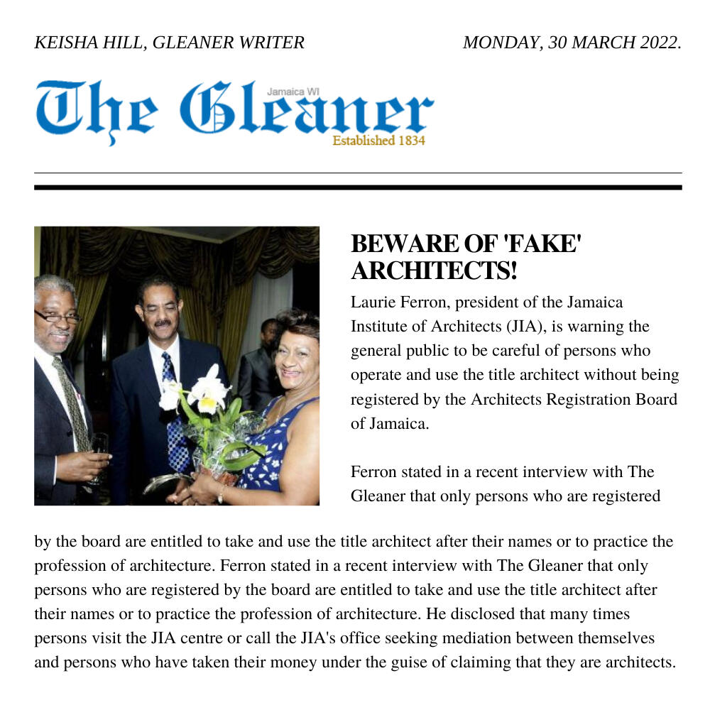 A news article from The Gleaner, titled: Beware Of Fake Architects!