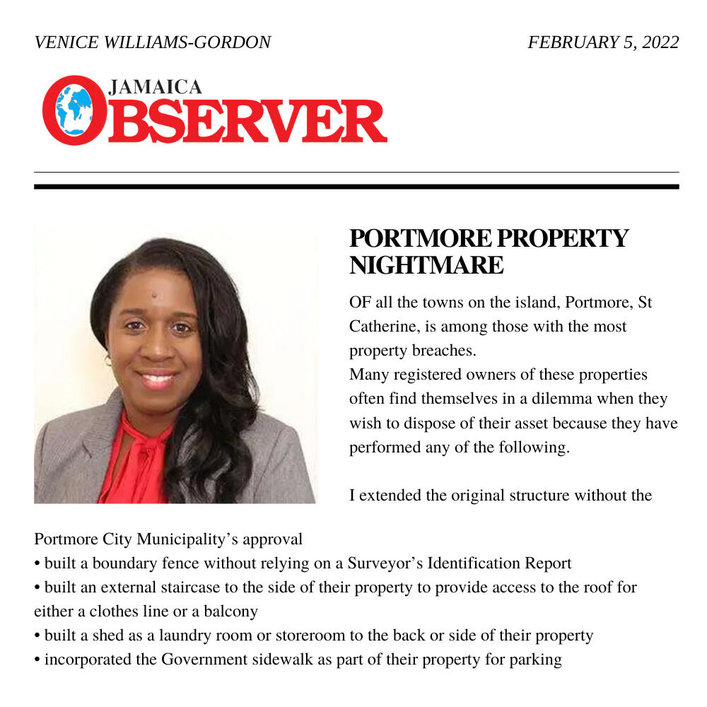A news article from Jamaica Observer, titled: Portmore Property Nightmare